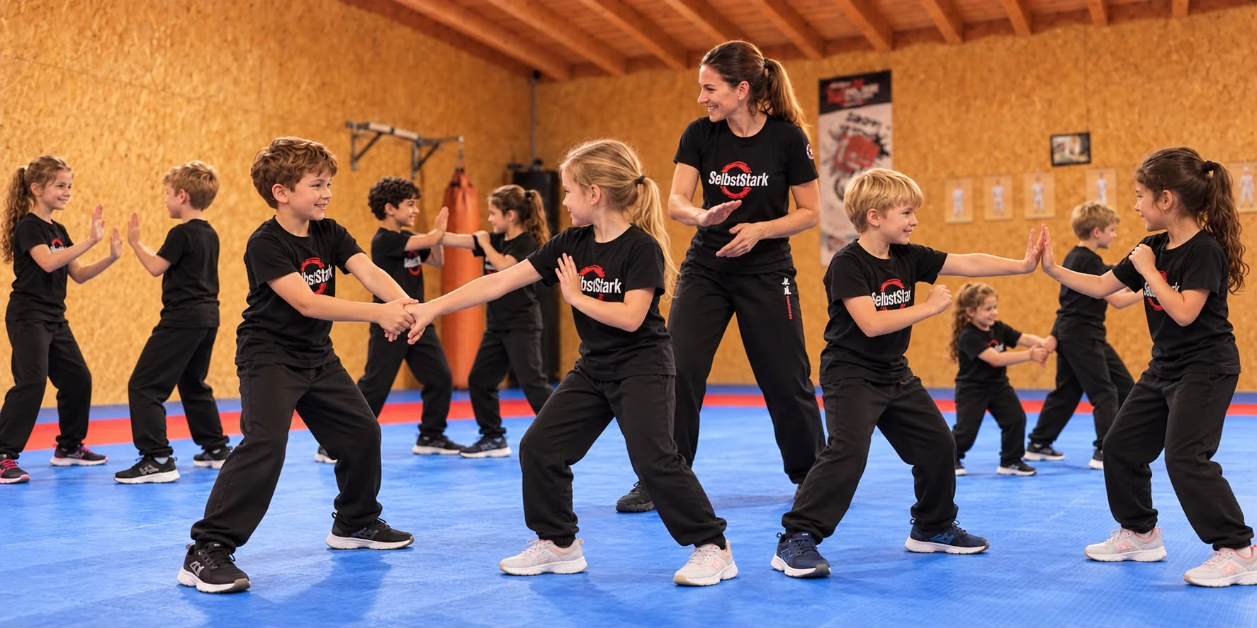 Kinder üben gemeinsam mit ihrer Trainerin im Selbststark-Dojo