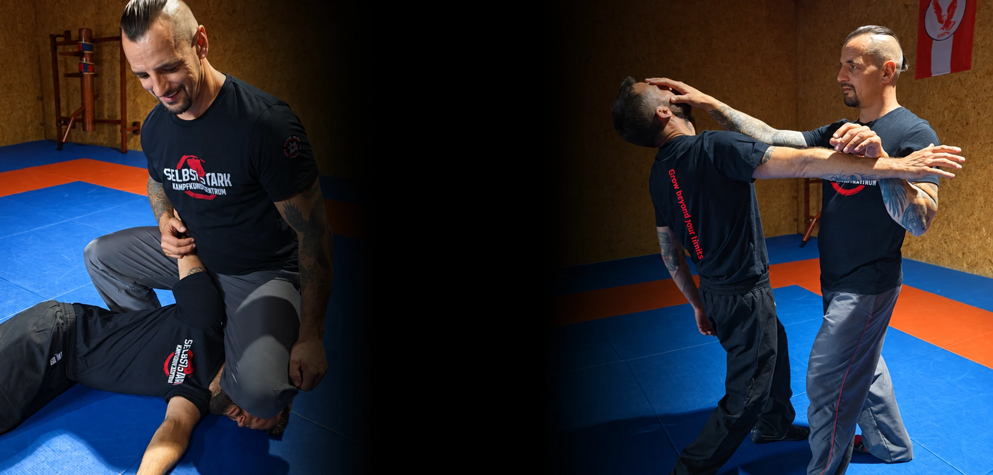 Two training scenes at Selbststark: controlled partner exercises in self-defence