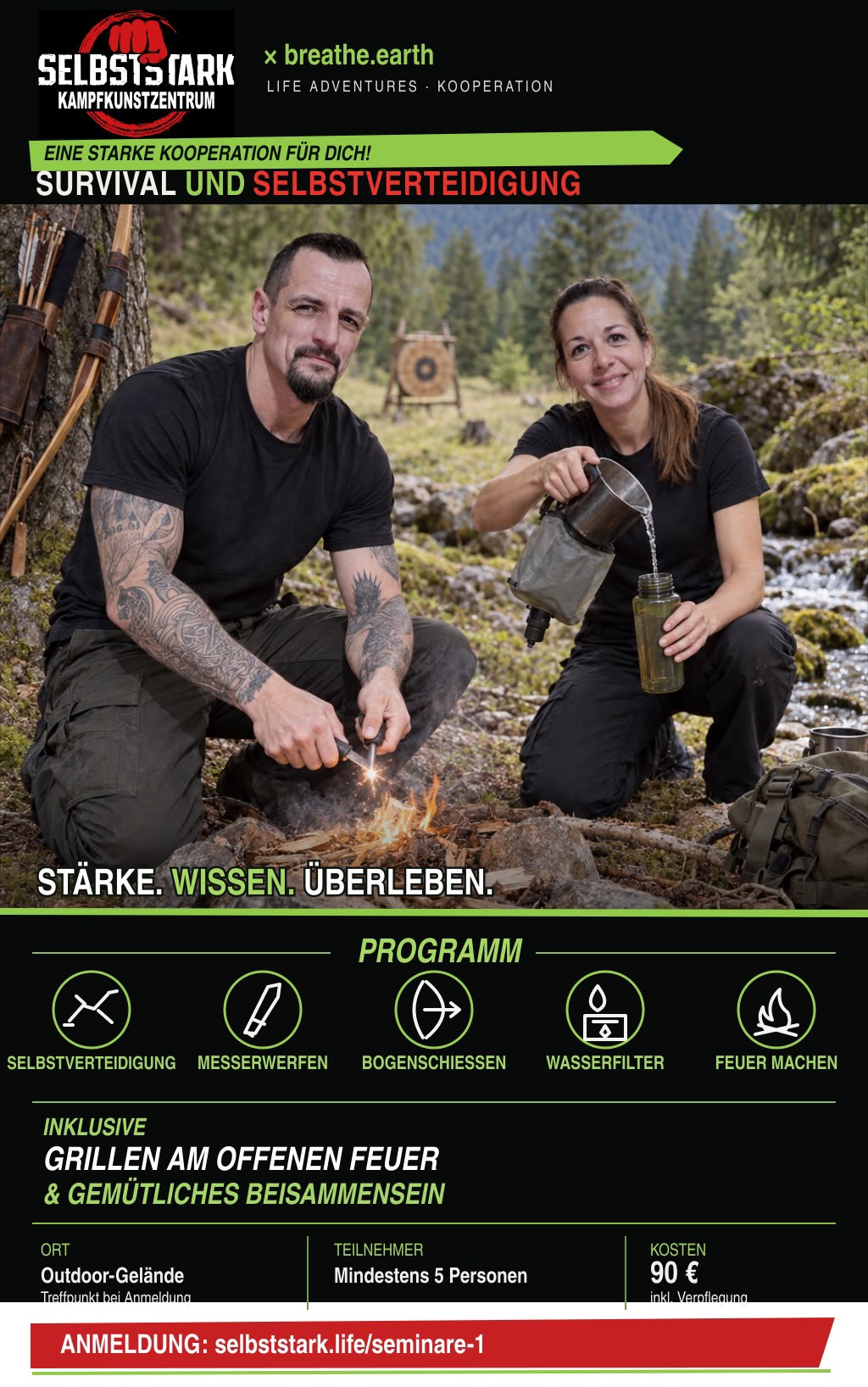 Originalplakat Survival und Selbstverteidigung von Selbststark und breathe.earth: zwei Personen üben Feuer machen und Wasserfiltern in der Natur