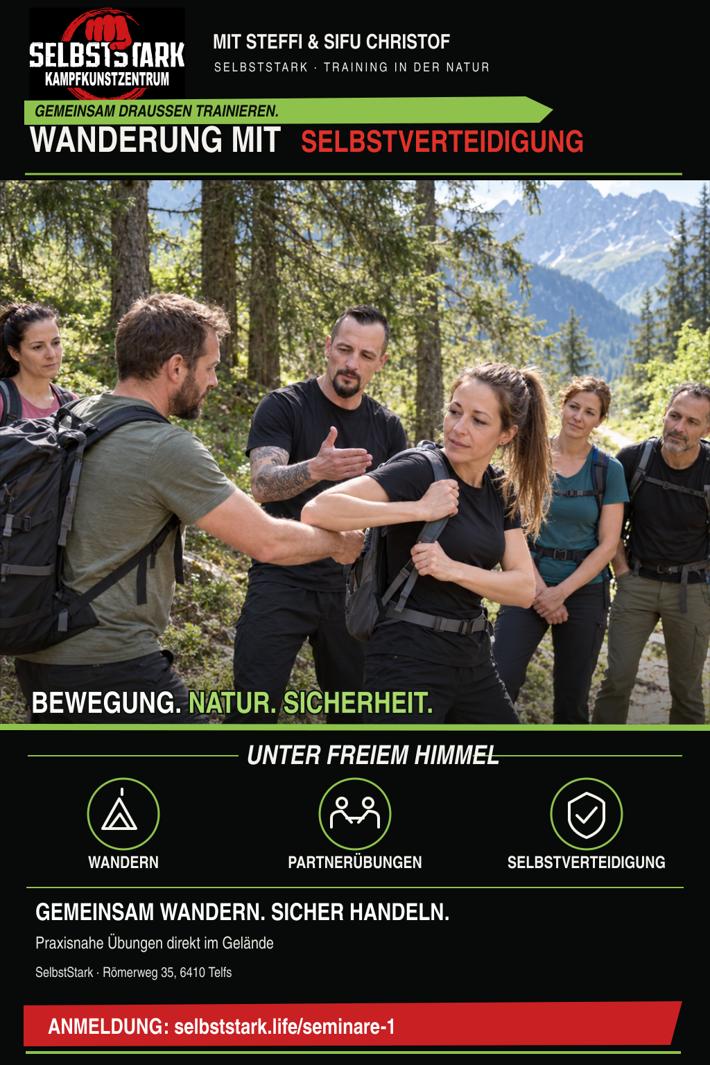 Seminarmotiv zur Wanderung mit Selbstverteidigung: Training in der Natur mit Steffi und Sifu Christof